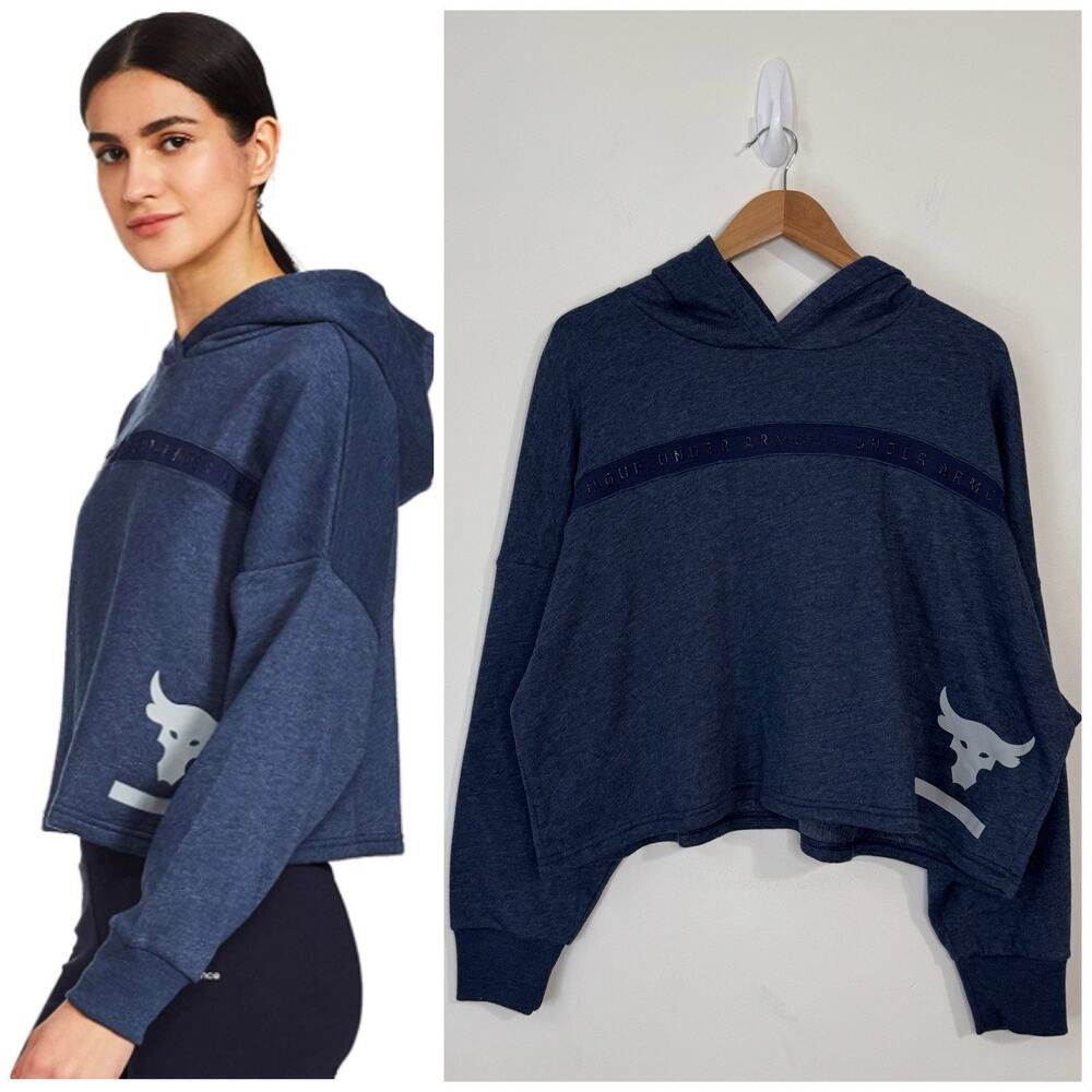 NWT Under Armour Project Rock Brahma Bull Fleece Cropped Hoodie Size L Navy